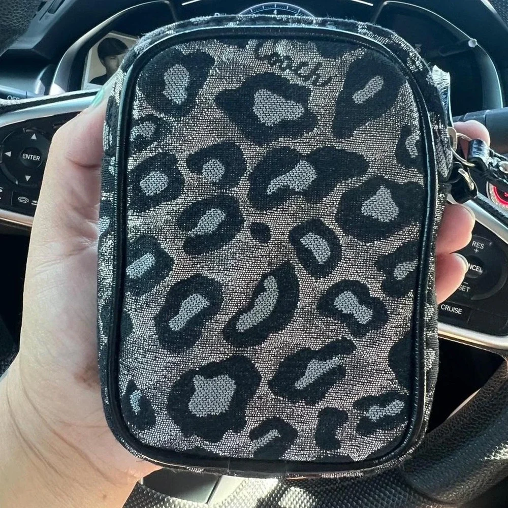 Coach black leopard print mini cosmetic pouch bag leopard print metallic black